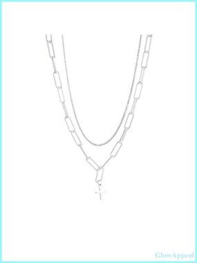 Silver Plated Pearl Cross Charm Necklace Double Layer Unisex Gift